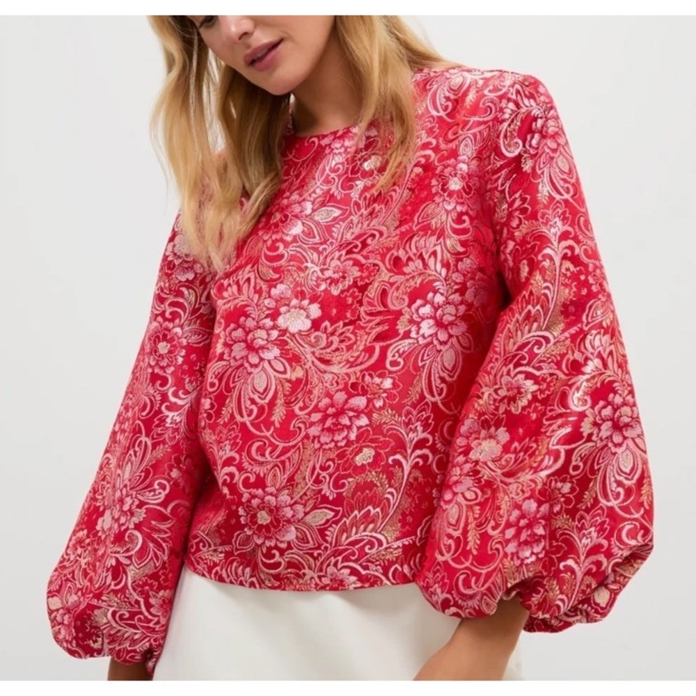 Hyacinth House MEDIUM Red & Pink Jacquard Janie Blouse Puff Sleeves Floral Boho